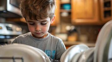 A boy, focused and determined, is loading dishes into the dishwasher in the kitchen, learning the value of helping out video