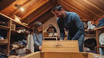 Parents and kids working together to clean out the attic, with everyone pitching in to organize and declutter, maintaining their home order. video