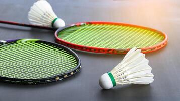 Badminton shuttlecocks with rackets on a dark background symbolizing the spirit of exercise and global competition the essence of athleticism and the pursuit of excellence in the sport. photo