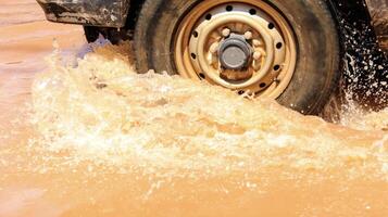 Floodwater splashing violently caused by a vehicle which is driven through. Vehicle Insurance concept photo