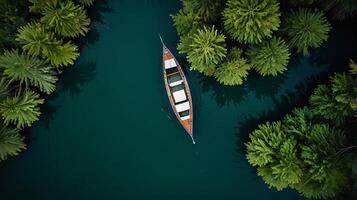 top down view of an empty boat in a crystal-clear river lined with green bushes photo