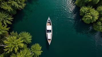 top down view of an empty boat in a crystal-clear river lined with green bushes photo