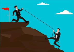 Illustration of businessman on top of a cliff with a flag pulling his companion to the top. The business concept of leadership and teamwork. vector