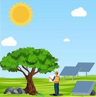 Illustration of Engineer at an alternative energy station with panels, providing green and renewable energy. Worker installing a renewable energy panel system. vector