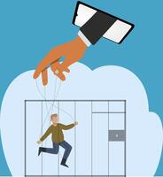 Illustration of a man being a puppet controlled by a cell phone. human being controlled by artificial intelligence. vector