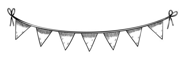 Pennants for festival decorations and invitations. Outline drawing of triangle Garland Banner for party celebration painted by black inks. Etching of string for holiday in linear style. vector
