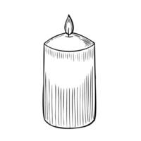 Illustration of lighting Candle with Flame made of wax. Linear Drawing of burning element for Greeting Cards or holiday Invitations on isolated background. Outline cozy vintage home decor. vector