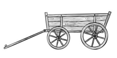 Rustic Wooden Wagon Illustration. Outline Drawing of Vintage Cart for farm and harvest on isolated background. Etching of Old retro country transport with wheel for farmers. Rural vehicle. vector