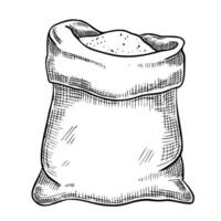 Sack of Flour illustration. Drawing of burlap bag whole of cereal grain painted by black inks in line art style. Ingredient for pastry and bakery. Outline etching for product label. vector