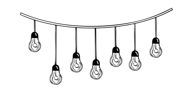 illustration of String of Hanging Light Bulbs. Outline Drawing of Lamp garland for party decoration design. black Etching of Electric festoon for celebration . Glowing bright strands.