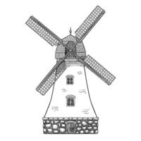 Windmill illustration. Drawing of old rustic tower with blades for flour production in outline style. Old vintage building painted by black inks. Etching of wind mill for harvest festival. vector