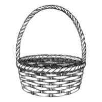 Illustration of empty Wicker Basket with Handle for Rustic Design on isolated background. Linear Drawing of vintage round wooden container for harvest festival. Black Outline Retro element. vector