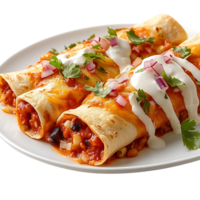 Delicious Chicken Enchiladas with Red Onion and Cilantro, Topped with Creamy Sour Cream, on a White Plate with a Transparent Background png