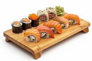 A beautifully arranged platter of assorted sushi featuring salmon, crab, and avocado rolls served on a wooden board photo