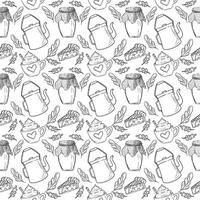 An autumn theme pattern with leaves, tea and cake in the linart style vector