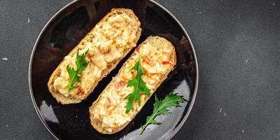 smorrebrod salad spread surimi and crab sticks, mayonnaise fresh meal food snack on the table copy space food background rustic top view photo