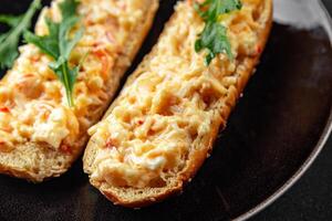 smorrebrod salad spread surimi and crab sticks, mayonnaise fresh meal food snack on the table copy space food background rustic top view photo