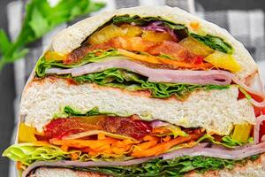 sandwich layers vegetables and ham meat spam fresh meal food snack on the table copy space food background rustic top view photo