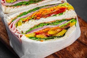 sandwich layers vegetables and ham meat spam fresh meal food snack on the table copy space food background rustic top view photo
