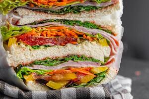 sandwich layers vegetables and ham meat spam fresh meal food snack on the table copy space food background rustic top view photo