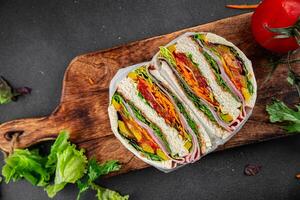 sandwich layers vegetables and ham meat spam fresh meal food snack on the table copy space food background rustic top view photo