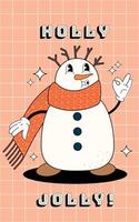 Snow man groovy card. Illustration in trendy retro style. Abstract background. Happy holidays 2024 vector