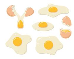 Set of fresh eggs. Broken eggs and fried eggs. Healthy organic food for breakfast. vector