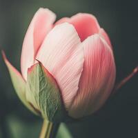 Close-up of a delicate pink tulip bud with soft petals against a dark, blurred background photo