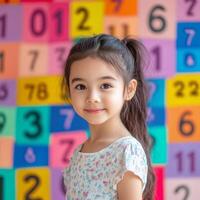 Portrait of a young girl standing in front of a colorful number grid background photo