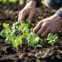 Hands planting young seedlings in rich soil during spring gardening photo