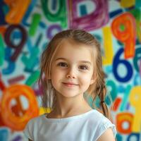 Portrait of a smiling young girl with a colorful background of numbers photo