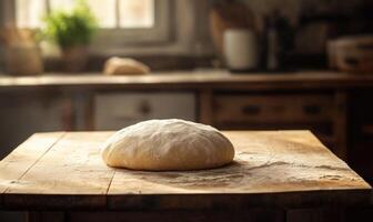 Dough resting on a wooden table photo