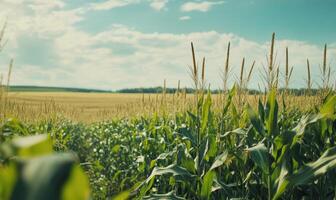 Closeup view on the green corns on the cornfield under the sunset light photo
