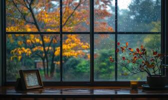 Cozy space, large glass window, autumn forest, raindrops on leaves photo