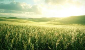 Closeup view on the green corns on the cornfield under the sunset light photo