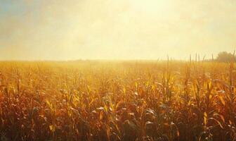 Closeup view on the dry corns on the corn field under the sunset light photo