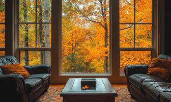 Bright living room, expansive window, view of vibrant autumn woods outside photo