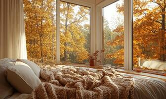 Scandinavian bedroom, light wood bed, warm blankets, panoramic windows, autumn foliage in warm tones photo