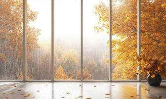 View from the large window on misty autumn landscape photo