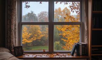 Cozy corner, large window, view of a rainy autumn forest, golden leaves photo