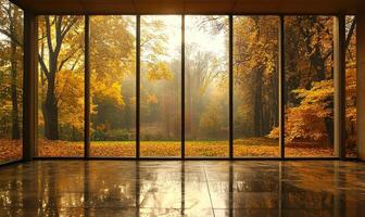 View from the large window on misty autumn landscape photo