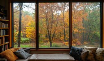 Cozy space, large glass window, autumn forest, raindrops on leaves photo