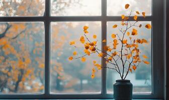 View from the large window on misty autumn landscape photo