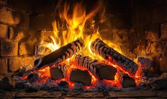 Fire blazing in a rustic wood-burning fireplace, glowing embers photo