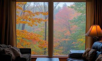Cozy space, large glass window, autumn forest, raindrops on leaves photo