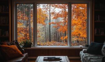 Bright living room, expansive window, view of vibrant autumn woods outside photo