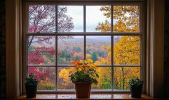 View from the large window on misty autumn landscape photo