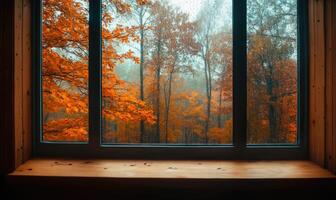 Cozy space, large glass window, autumn forest, raindrops on leaves photo