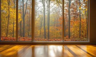 View from the large window on misty autumn landscape photo
