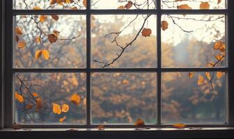 View from the large window on misty autumn landscape photo